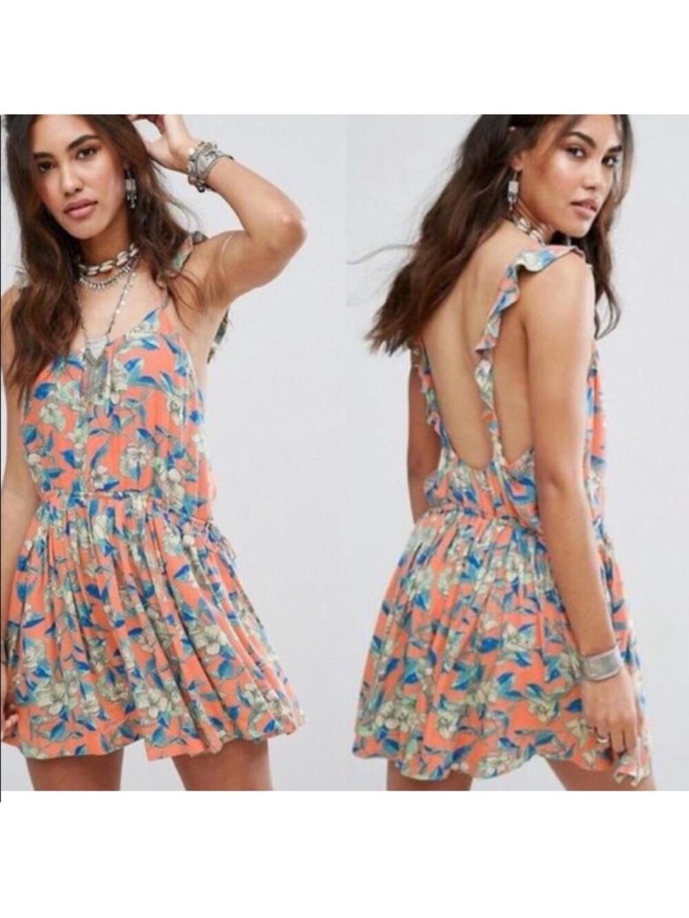 Free People Dear You Backless Floral Orange Blue Dress Size Medium